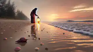 Mbok Sarni finds a glowing golden snail on a serene beach at sunrise.