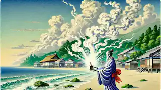 Urashima Taro opening the tamatebako on the shore, releasing a cloud of white smoke.