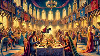 Tristan and Iseult accidentally drinking the love potion during a grand feast in King Mark's castle.