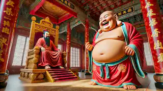 The Laughing Buddha stands before the emperor in a grand hall, sharing his wisdom while smiling warmly.