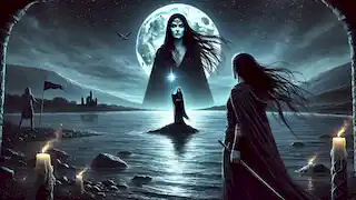 Brigid stands by the River Bann under moonlight, facing the Morrighan with her glowing spear across the water.