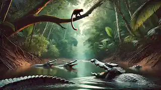 Sang Kancil leaps from a tall tree branch, avoiding the hungry crocodiles below in the river.