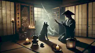 Hayato performs a forbidden ritual, summoning the Inugami in a dimly lit room.