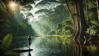 João prepares to cross a calm river in the Amazon, with the Curupira watching from the shadows of the jungle.