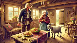 Hans proudly shows his mother the magical gifts in their cozy cottage, filled with warmth and light