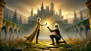 At dawn, Graf Wilhelm kneels before Clara in the castle courtyard, his human form restored, as sunlight pierces the mist.