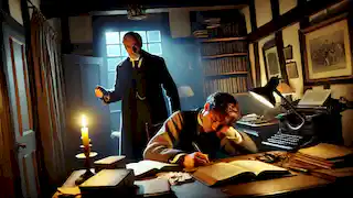 The banker sneaks into the lawyer's lodge at night, holding a knife while the lawyer sleeps at his desk. 