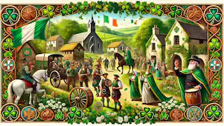 Villagers in green attire celebrate St. Patrick’s Day with feasts and parades, set against a lush Irish village background.