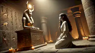 Anuket kneels before the radiant statue of Hathor in a temple.