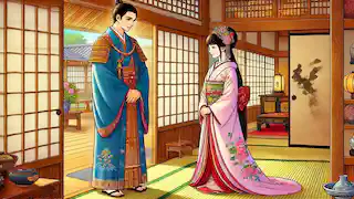 Emperor Mikado visits Kaguya-hime to ask for her hand in marriage.