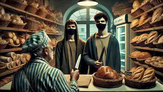 Two masked men stand in a bakery, one holding a knife, while the calm baker offers them loaves of bread