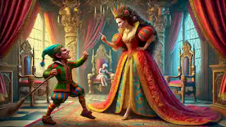 Queen confronting Rumpelstiltskin, standing confidently with her baby, as he stamps his foot in rage upon realizing she guessed his name.