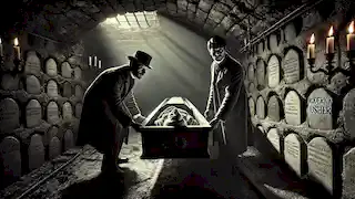 Roderick Usher and the narrator lower Madeline Usher’s coffin into a dark, damp vault beneath the mansion.