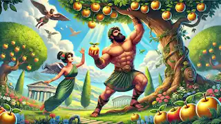 Hercules holding up the sky while Atlas picks the golden apples in a lush garden with mythical elements.