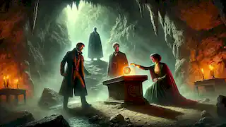 Two historians confront a rival near a glowing medallion on an altar in a hidden cave beneath Rügen Island cliffs.