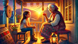 Maya and her grandmother sit on a porch at sunset, sharing family stories.