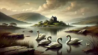 Four swans rest on a calm lake by Inis Glora, with a small chapel visible and a serene, misty atmosphere.