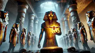 Pharaoh Neferkare holds a glowing golden scarab as statues of Khepri begin to awaken inside the tomb.