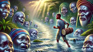 Olumide wading through the shimmering River of Tears, surrounded by sorrowful spirits.