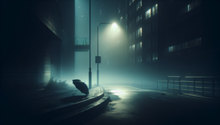 Empty street corner with swirling mist and one abandoned umbrella