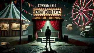 Edward Hall stands outside a small tent at a carnival with a sign reading 'Know Your Fate,' looking anxious.