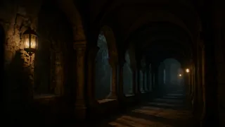 Interior de um claustro de uma abadia medieval à noite, com lanternas projetando longas sombras
