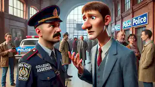 Kovalyov, without a nose, speaks to a police officer at the station, who barely conceals his amusement.