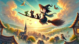 La bruja y sus tres amigos animales despliegan alas y toman vuelo mientras un cazador se acerca.