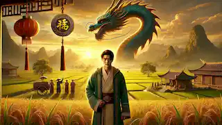  Liang stands in a rejuvenated village at sunset, wearing the jade medallion, with lush fields stretching into the distance.