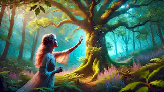 Elara touching the ancient oak tree in a mystical glade.