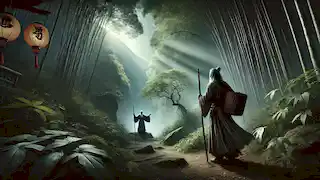 A farmer encounters a mystical monk in a bamboo forest under a canopy of sunlight during his journey.