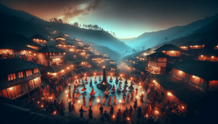 Dorfbewohner tanzen nachts um ein Feuer auf dem Bergplatz und danken den Achiwawa.