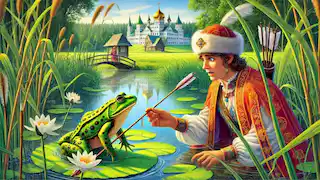 Prince Ivan finds the frog holding his arrow in the marsh.