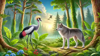 A wolf and a crane standing next to each other in a forest.