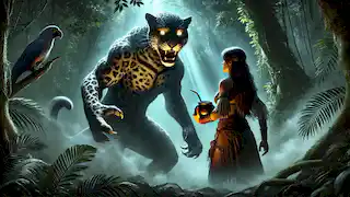 Aña, the jaguar spirit, towers over Yara in a tense confrontation in the moonlit jungle.