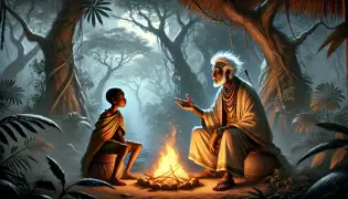 In a dense moonlit forest, an old griot tells Adama about the lost golden calabash as they sit near a flickering fire.