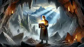 Geoffrey de Charney at the entrance of a cave in the Pyrenees Mountains, holding a glowing relic