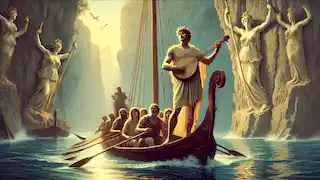 Orpheus plays his lyre aboard the Argonauts’ ship, countering the Sirens' song as the crew rows past the isles.