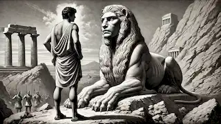 Oedipus stands before the Sphinx, preparing to answer the riddle on a rocky hill near Thebes.