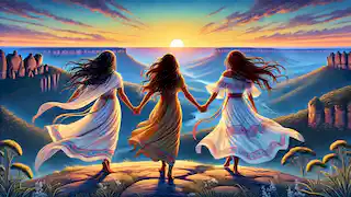 The sisters walking hand in hand toward the future against a sunset-lit panoramic view of the Blue Mountains.