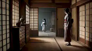 Haruka peers into a dusty storeroom where the ghostly Zashiki-warashi stands in the middle, adding to the eerie atmosphere.