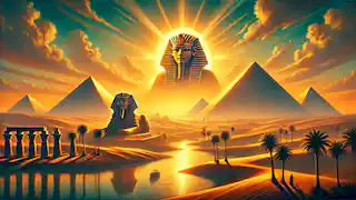 Ra gazes down on the pyramids of Giza and the Nile at sunset, overseeing the land he created.