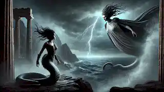 Lamia standing on a cliff overlooking the Aegean Sea with a sorrowful yet determined expression.