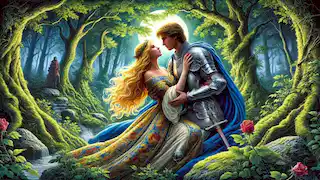 Tristan and Iseult sharing a tender moment in a secluded forest glade under moonlight.