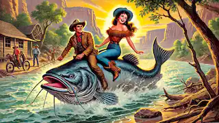 Pecos Bill meets Slue-Foot Sue riding a giant catfish down the Rio Grande at sunset.