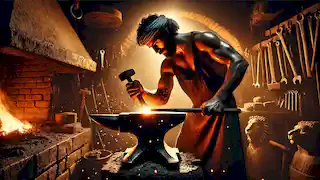 A blacksmith hammering a glowing stone in his forge as he crafts the legendary Stone Lion of Shiraz