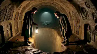 A man and professor holding a torch, standing at the edge of a deep pit inside a dark tunnel.