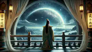 The Jade Emperor watching over the universe from a celestial palace, with stars shining above.