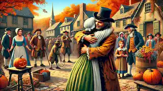 Rip Van Winkle embraced by his daughter Judith in the village.