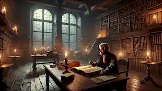 Heinrich Weiss studies old documents in a dimly lit, eerie library, with a storm raging outside.